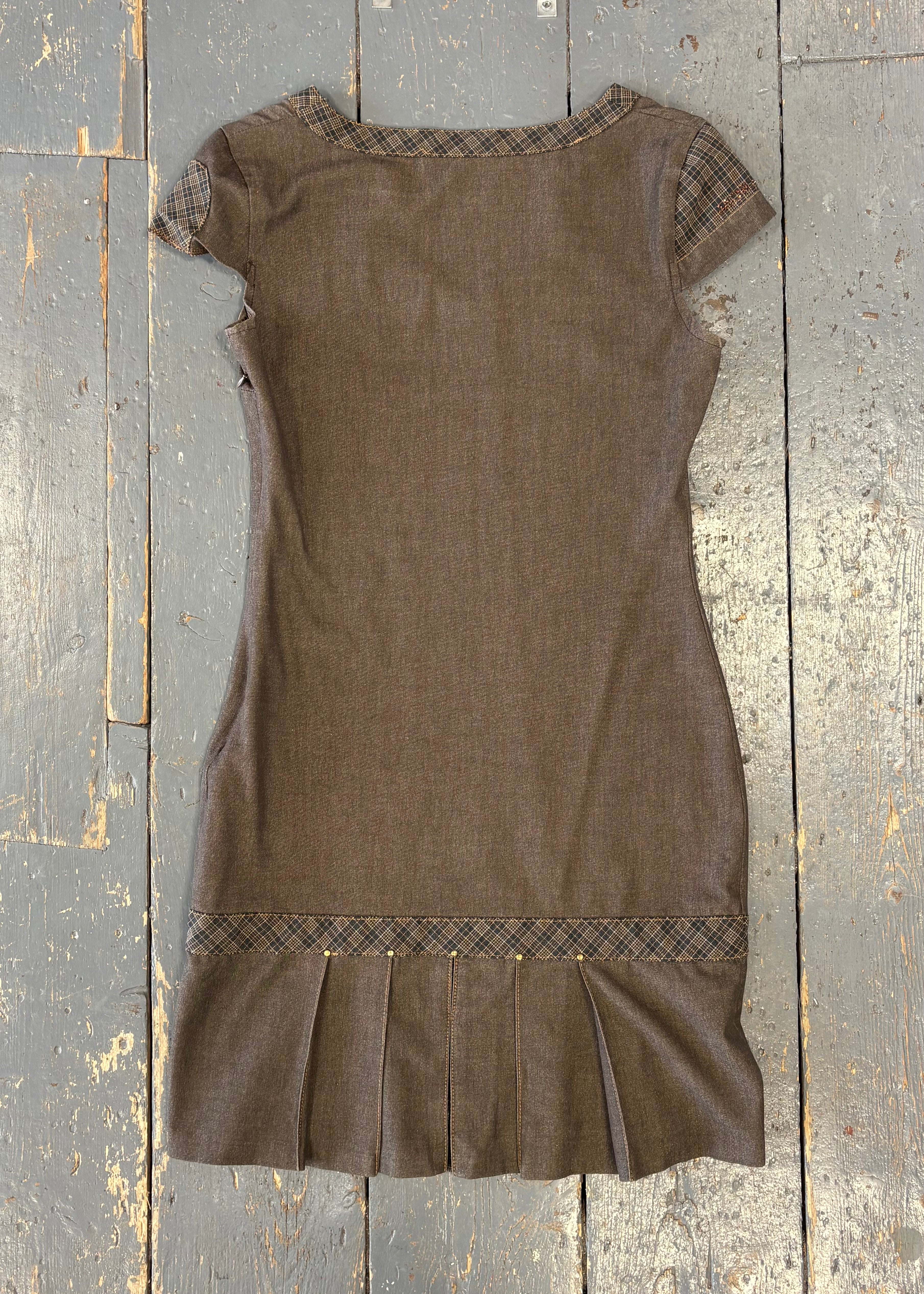 Brown w/Plaid Details Mini Dress