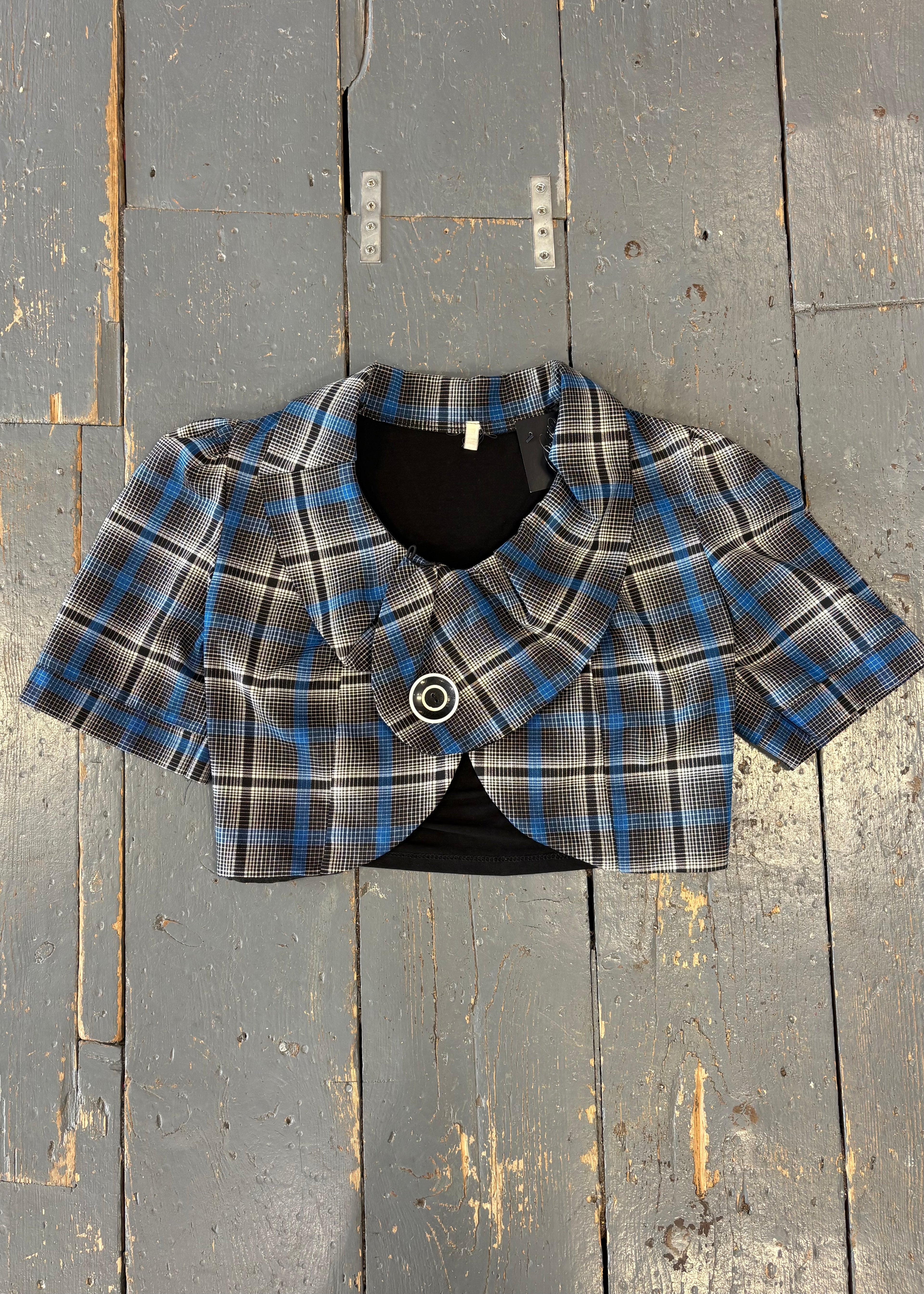 Cropped Blue/Black Tartan Blazer