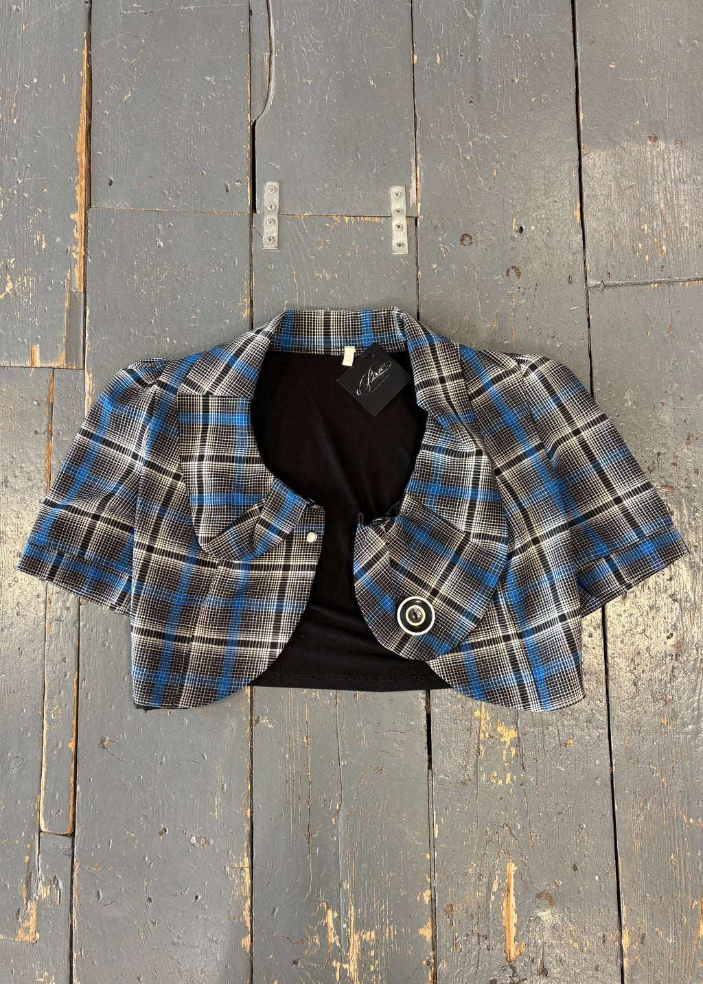 Cropped Blue/Black Tartan Blazer