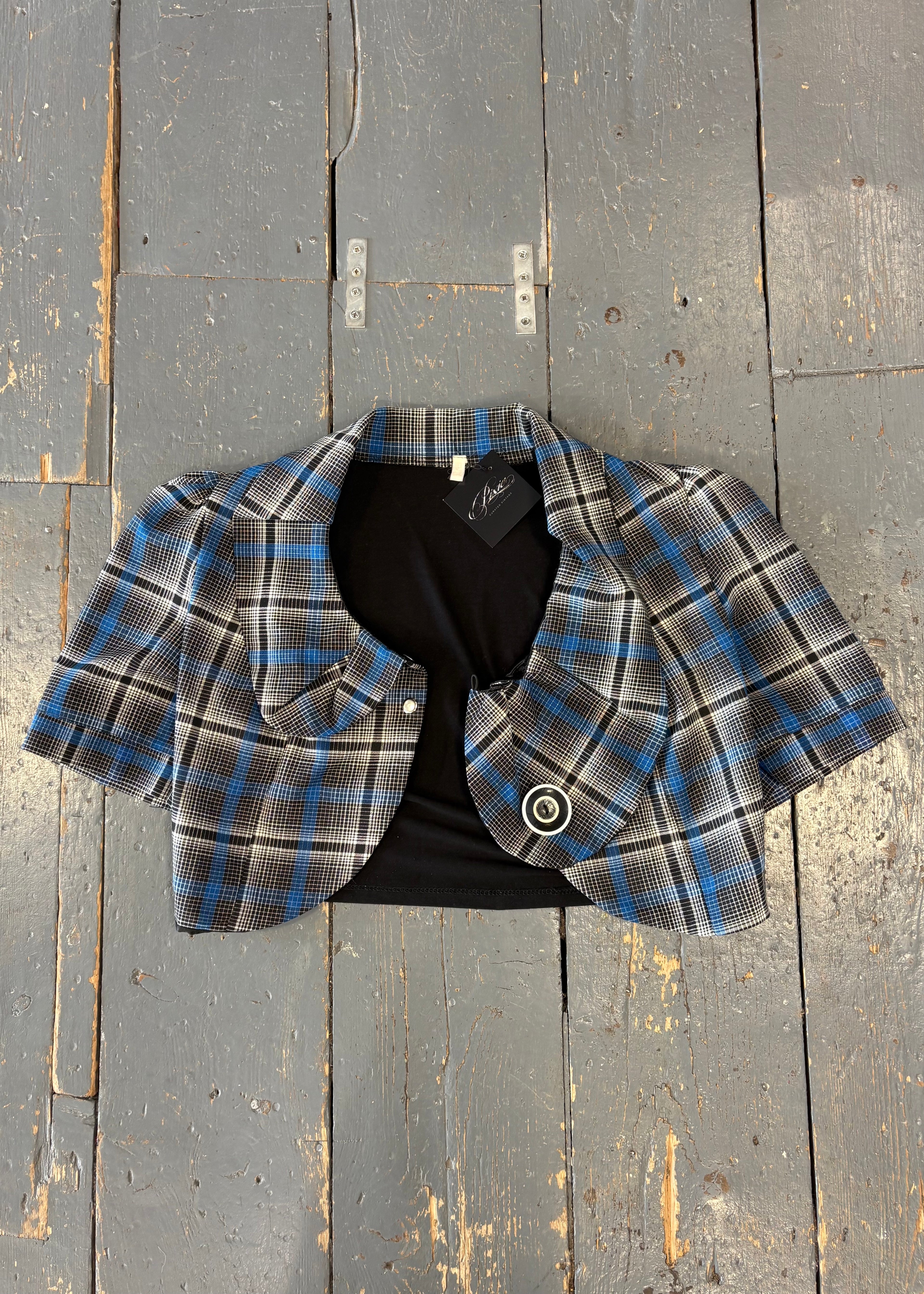 Cropped Blue/Black Tartan Blazer